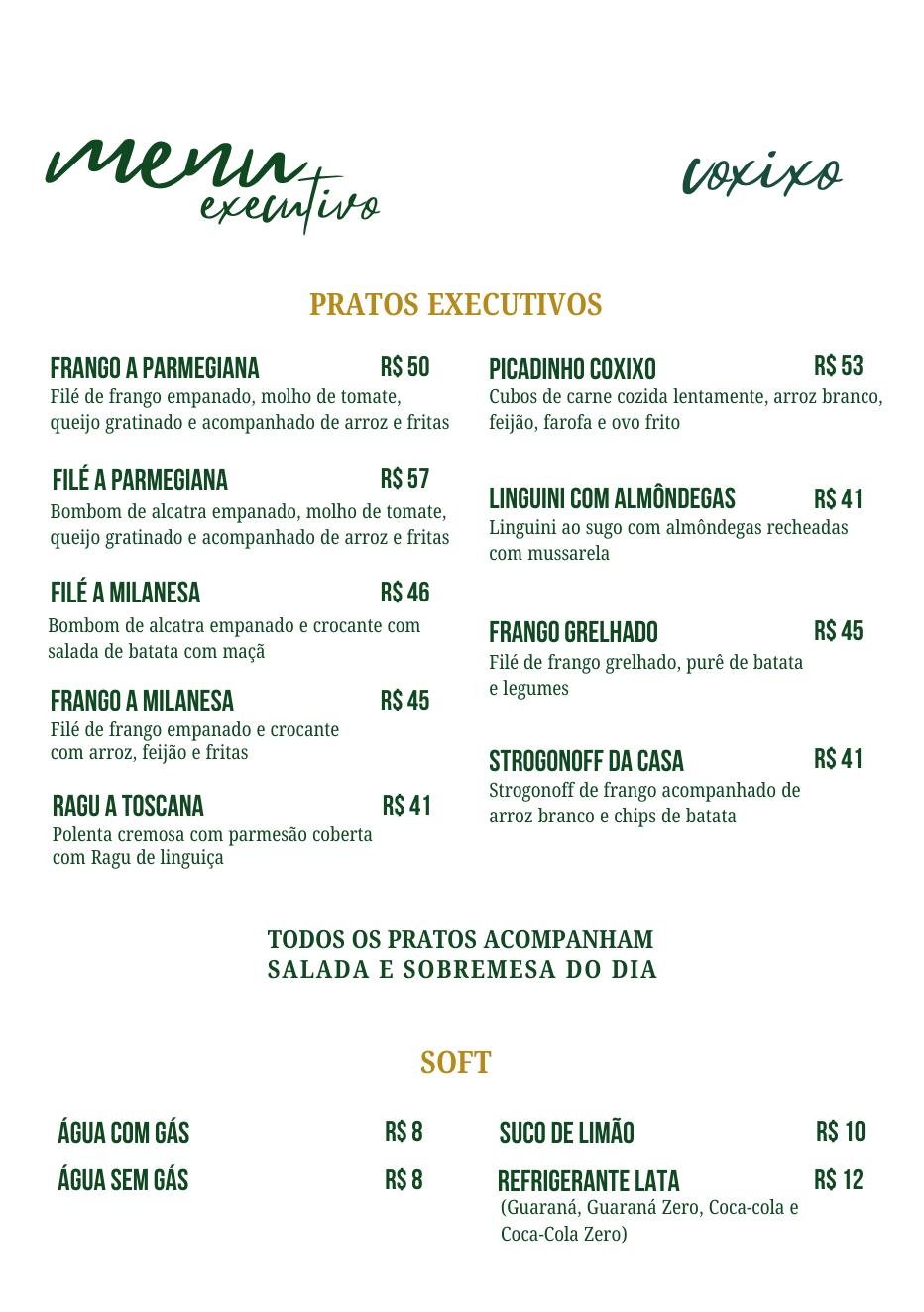 Cardápio executivo de almoço do Coxixo